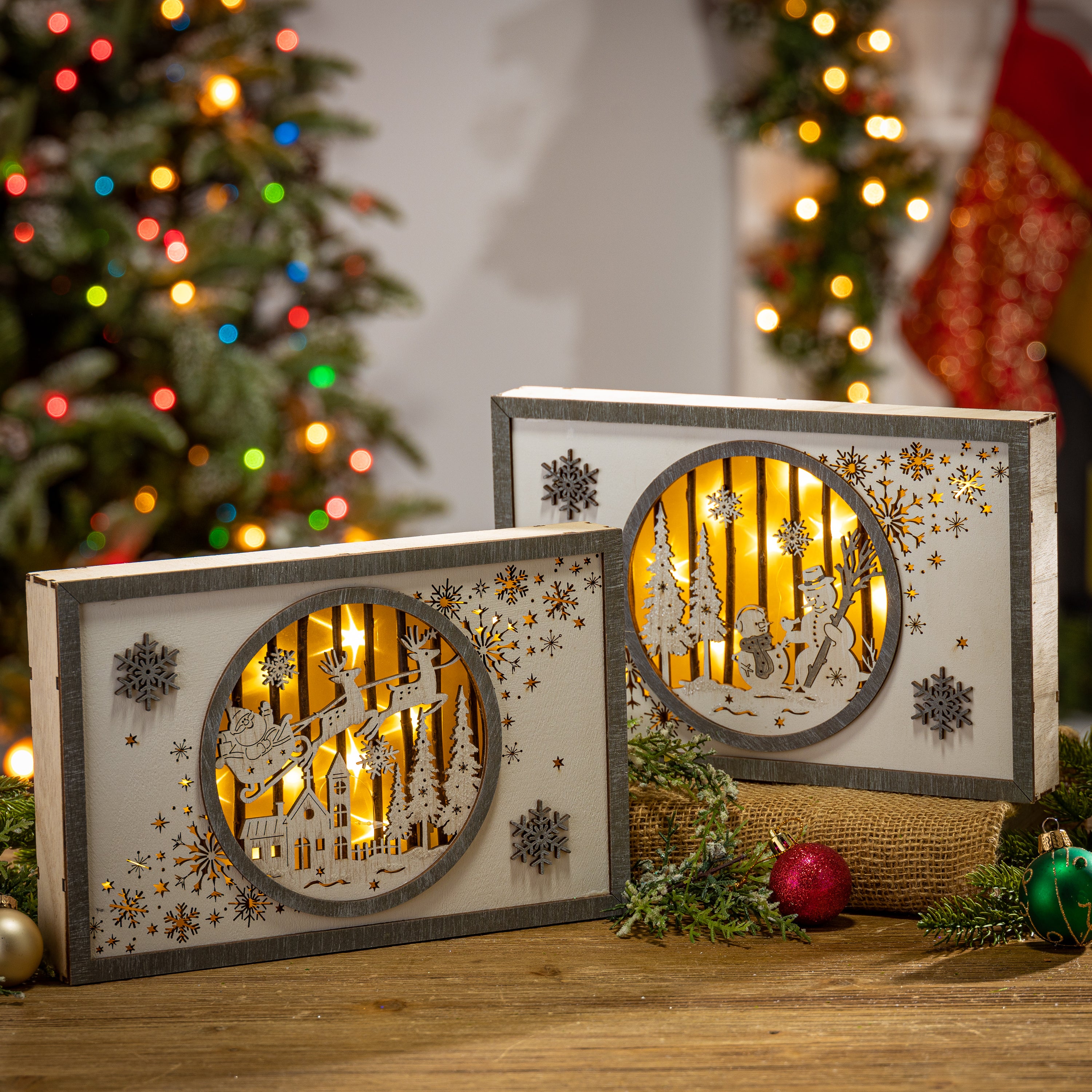 Set of 2 11-in Battery- Operated Lighted Laser Cut Wood Holiday Scene Wall Decor